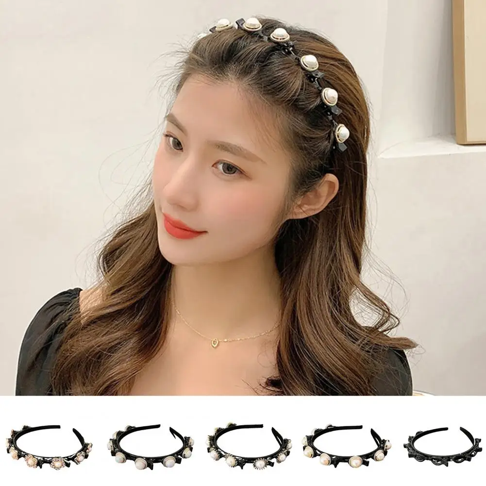 Pearl Flowers Hairpin Hairbands for Women Non-Slip Headband Rhinestones Hair Bands Clips Hairstyle Double Bangs Hair Accessories