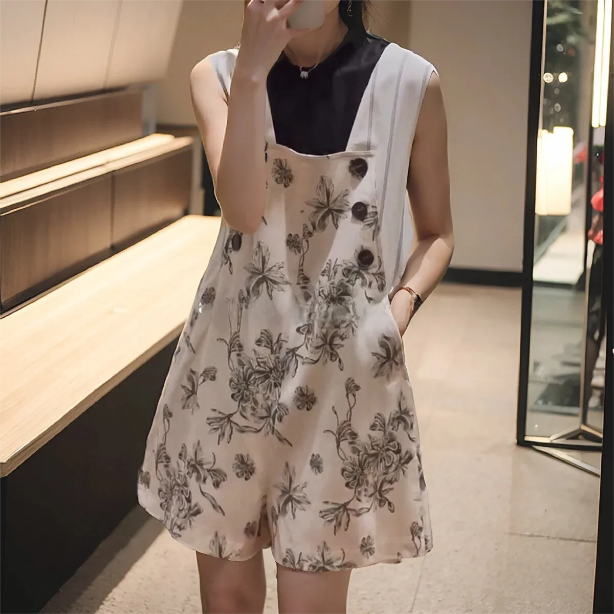 Shortalls Y2K Vintage Ink Painting Rompers Women Sleeveless Playsuits Korean Fashion Chic Jumpsuits Overalls Baggy Shorts
