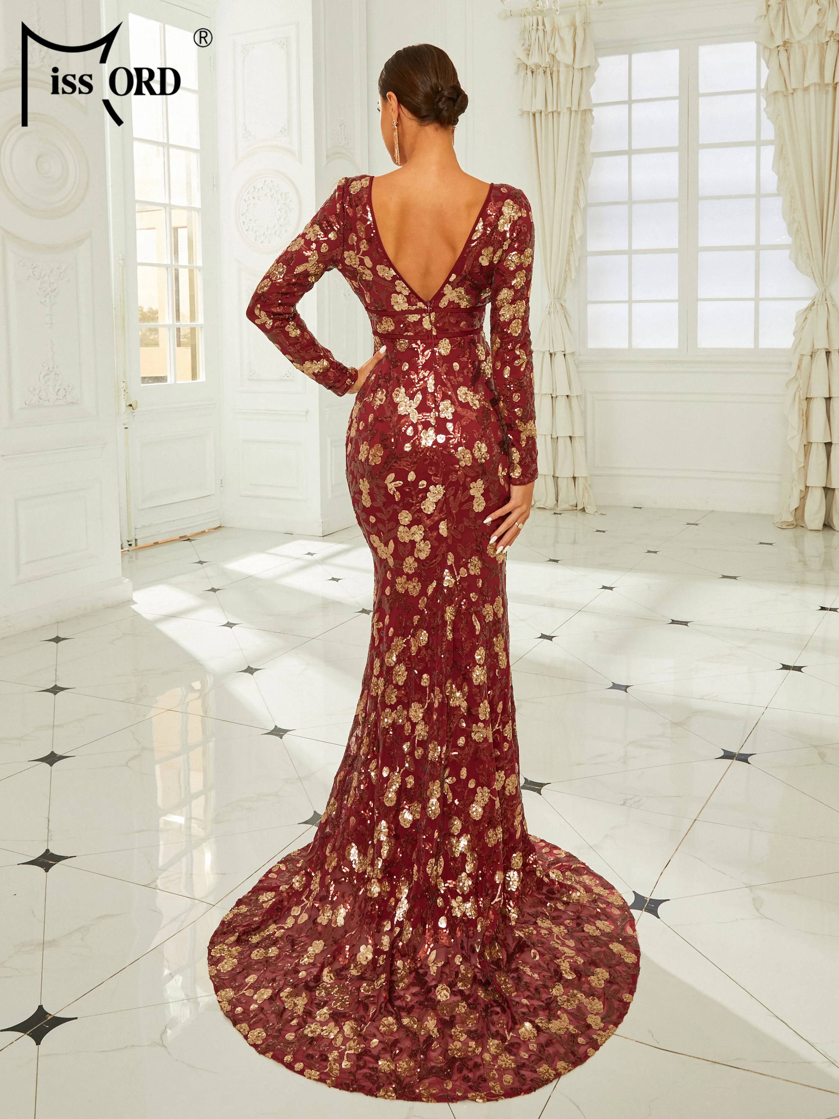 Missord 2024 Wine Floral Sequin Evening Dress Elegant Women Long Sleeve V Neck Bodycon Maxi Mermaid Party Prom Dresses Gown