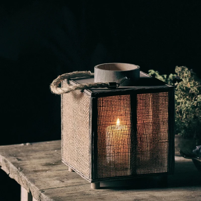 

Linen Rope Woven Candle Holder Japanese Retro Night Light Candlelight Dinner Handheld Lantern Atmosphere Home Decoration