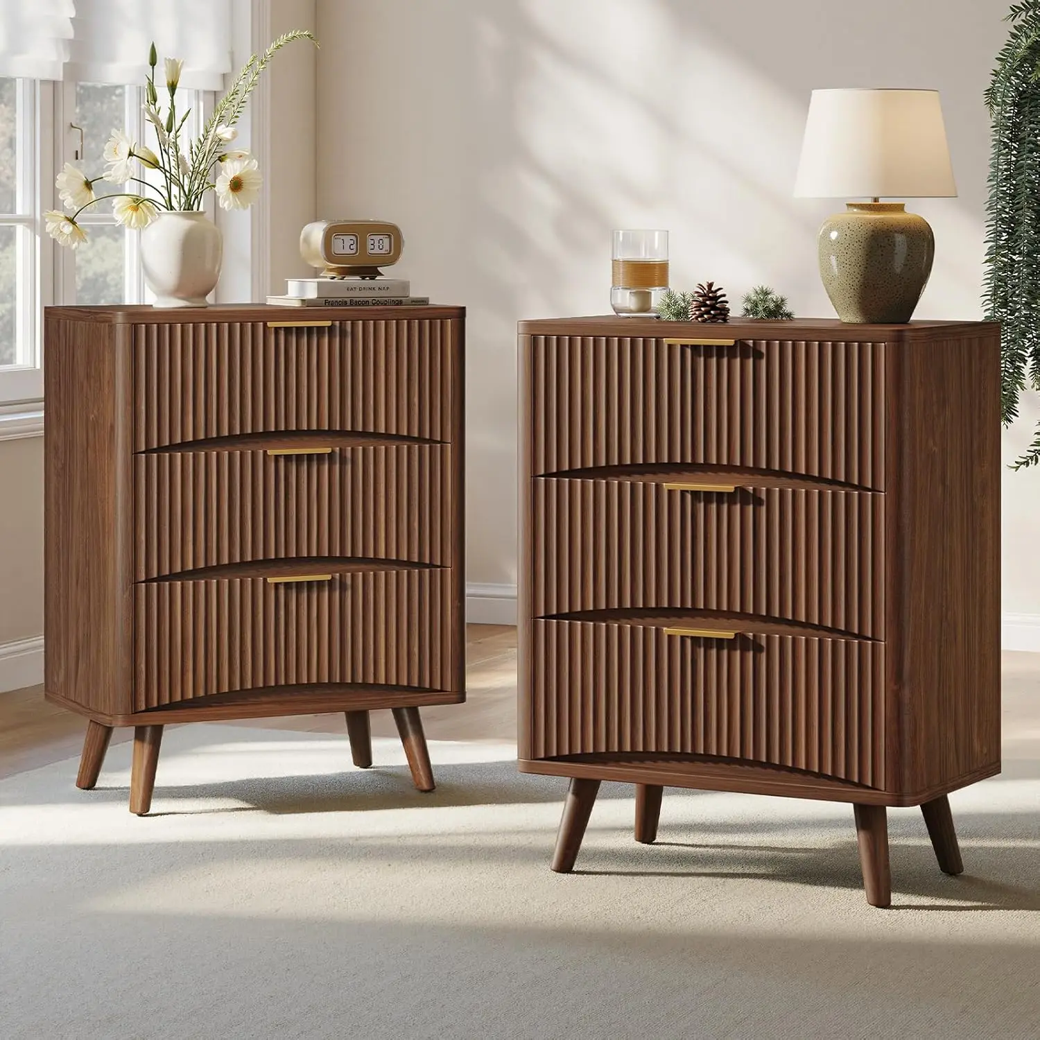 29'' Tall Fluted Nightstands Set Of 2 Walnut 3 Drawers Wooden Bedside Table Mid Century Modern Bedroom, Customized