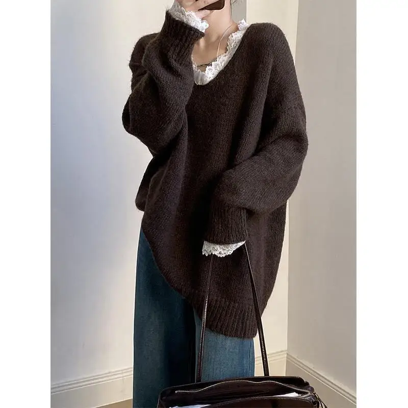 

2025 женский теплый свитер с кружевной отделкой и v-образным вырезом, длинным рукавом, осень-зима, свободные мягкие топы, женский элегантный повседневный вязаный пуловер, тренд