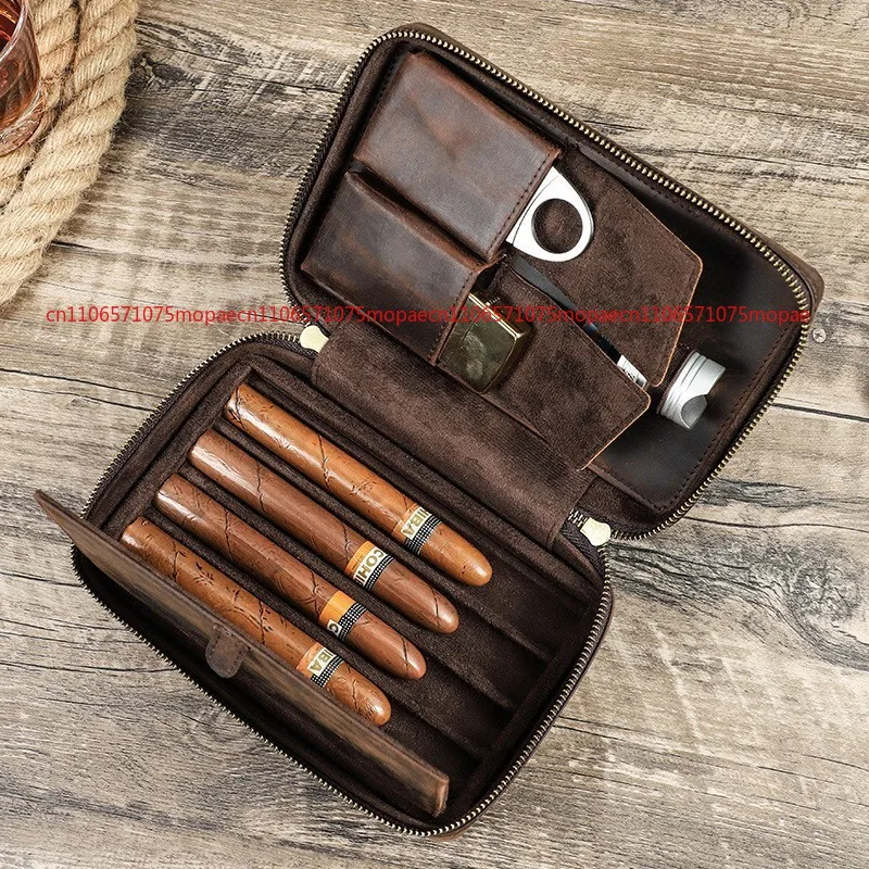 

4 Tube Cigar Case Holder Zipper Travel Bag Cigars Humidor Box Genuine Leather