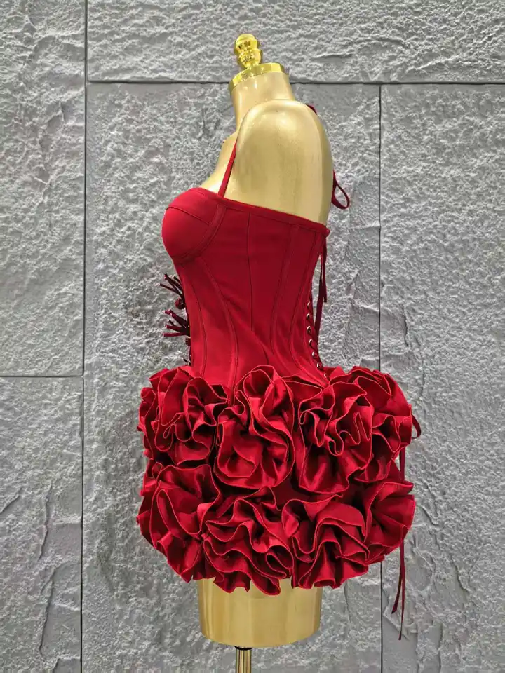 Vestido rojo de mujer sexy con halter, estampado floral, 2 piezas, bodycon mini, para fiesta nocturna, club y cumpleaños 3