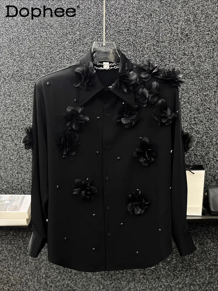 

Men's 2025 Autumn New Stylish Loose Comfort Tops Shoulder Pads Solid Color Shirts High-End Diamond-Studded Floral Fashion Shirts