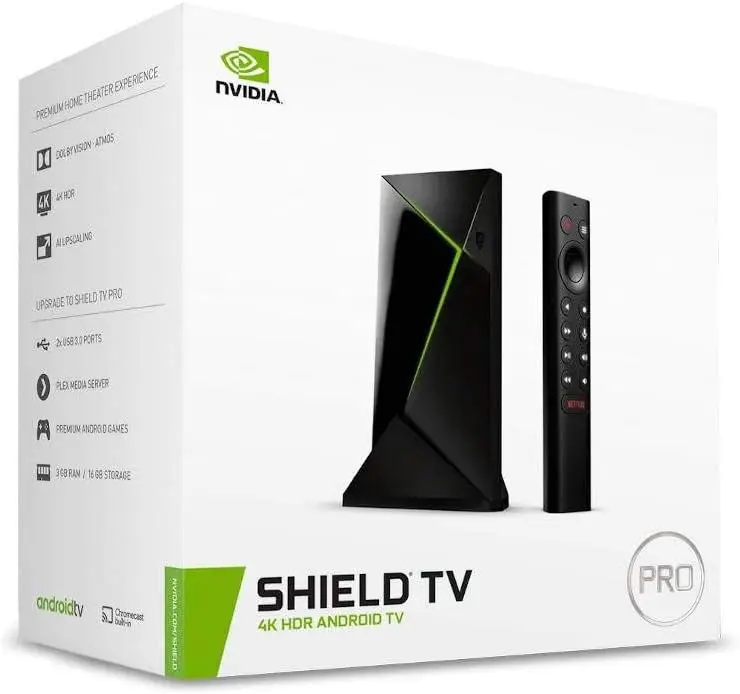 SHIELD Android TV Pro streaming mediaspeler; 4K HDR-films, live sports, Dolby Vision-Atmos, AI-verbeterde upscaling
