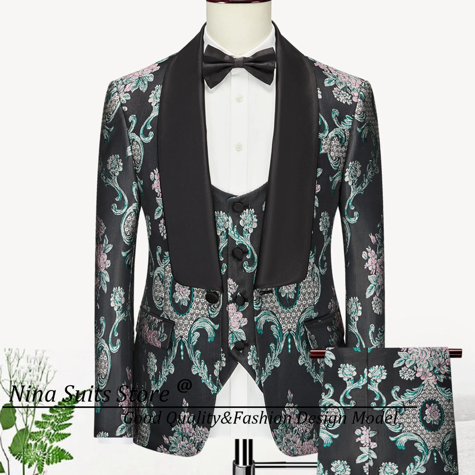 G&N European Court Vases and Flowers Tuxedo for Men 2026 Black Suits with Colorful Patterns Single Breasted Groom Wedding Suits