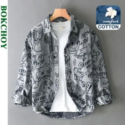 Autumn Winter New Casual Loose Printed Cotton Shirts for Men Clothing Cargo Big Pockets Men Shirts AZT732