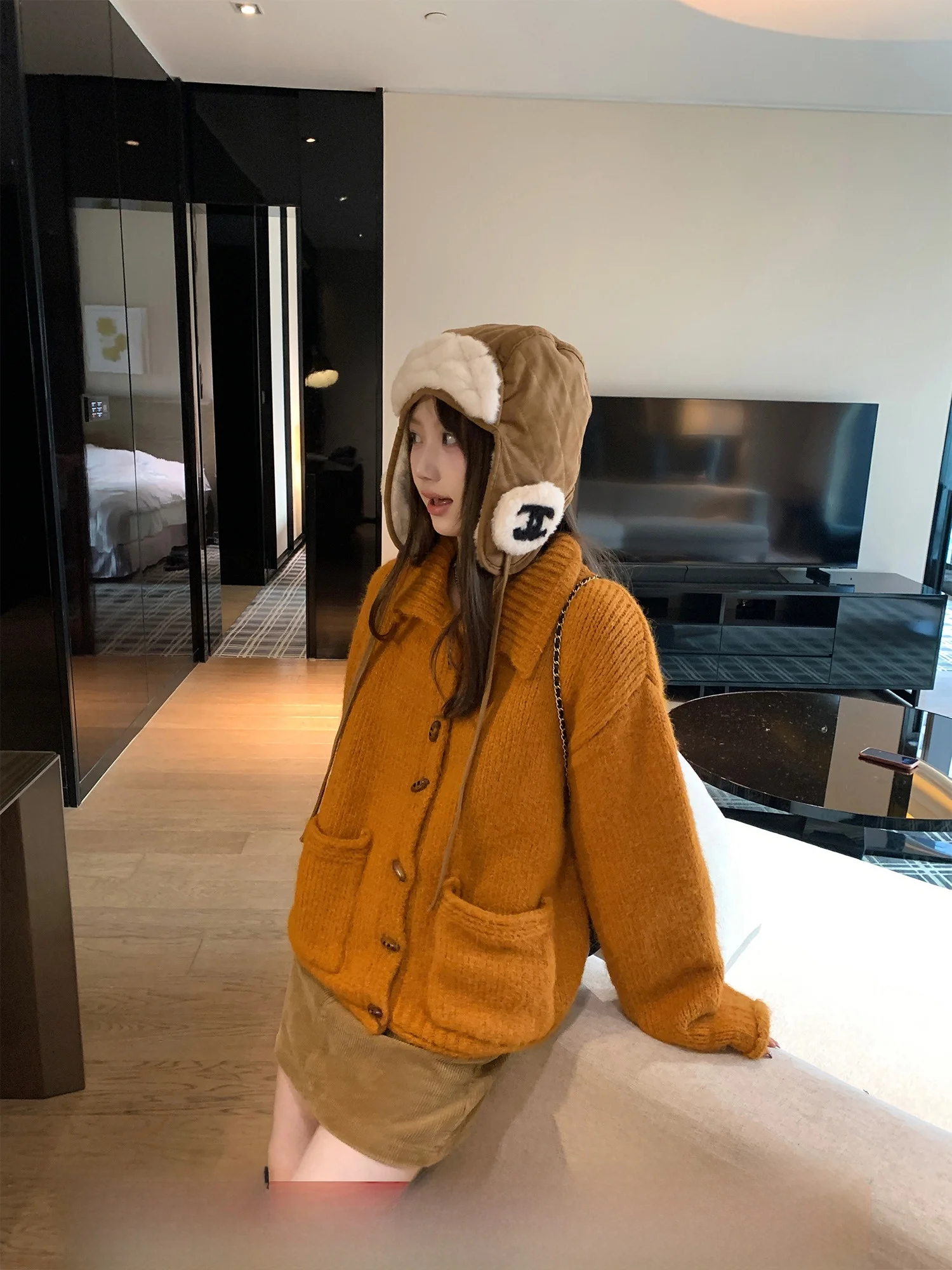 

Kong Zhen Lazy High Collar Sweater Orange Light Button Knitted Coat Sweet Sle Loose Fit Long Sve Autumn Winter Faion