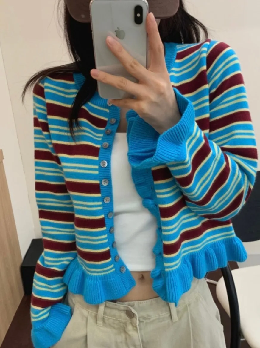 

Chic Autumn New Long Sve Knitted Cardigan Women's Retro Striped Flounce ort Outerwear Sweater Open Front Sle for Teens