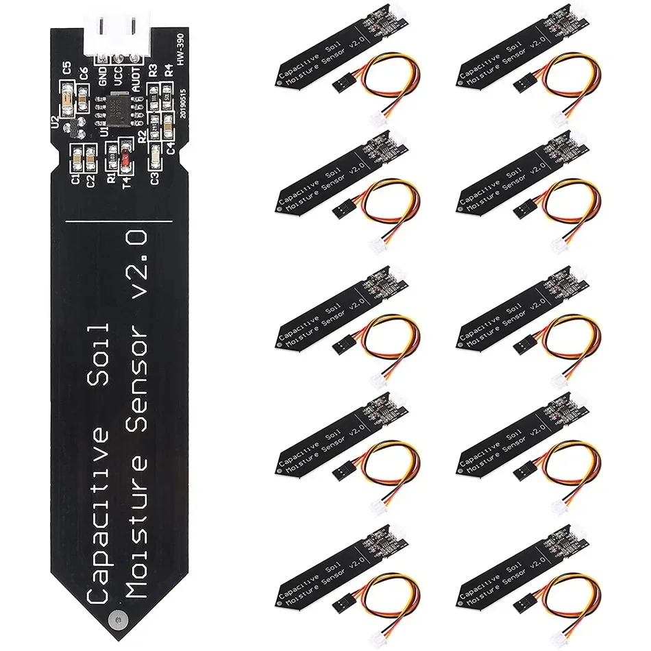 Capacitive soil moisture sensor is not easily corroded and operates with a wide voltage supply line