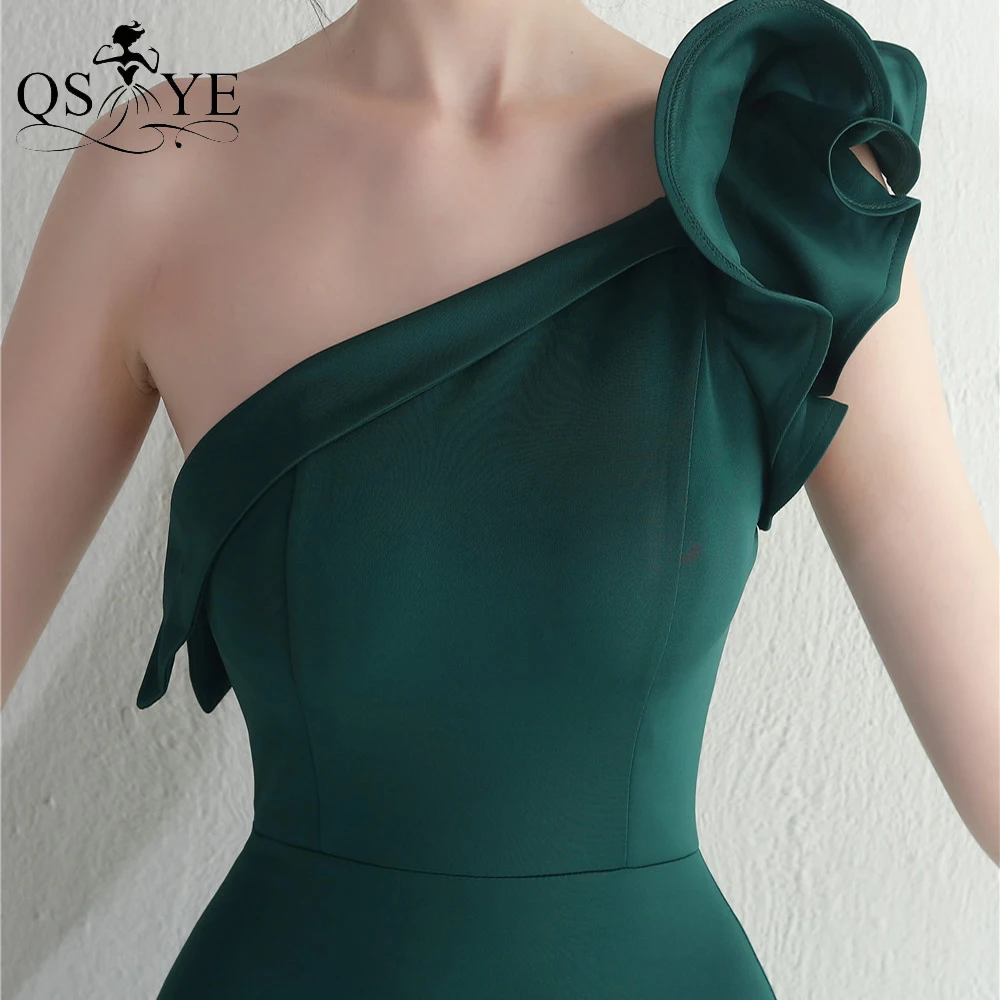 Ruffles One Shoulder Emerald Prom Dresses Hot Drill Split Long Party Gown Stretchy Elegant Women Green Evening Dress Bridesmaid