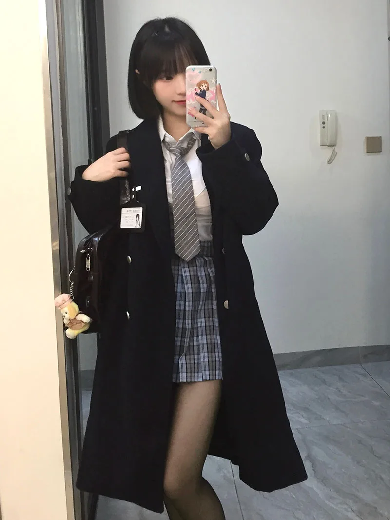 

Ele Mid-Length Woolen Coat High Waist Jaet Korean Sle Commute Pure Color Fem Outerwear Autumn Season Long Sve