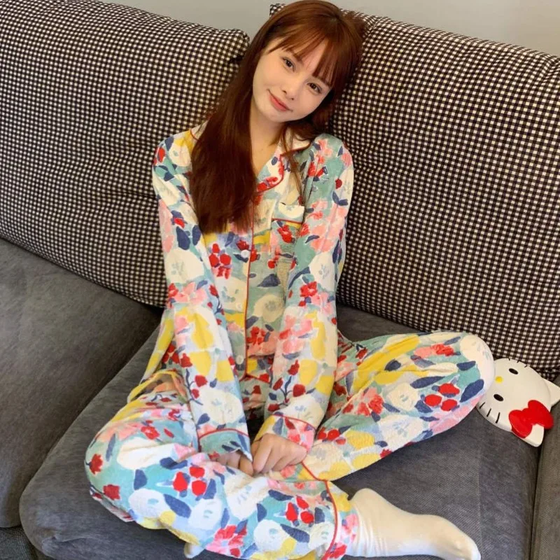 High Appearance Level Watercolour Pajamas Female New Style Long Sleeve Autumn and Winter Thin Home Dress Set Can Be Worn Outside