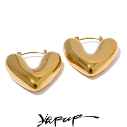 Yhpup-pendientes de aro gruesos con forma de corazón de acero inoxidable, moda gorda, dije con textura de Metal, joyería versátil a prueba de óxido, aretesьги