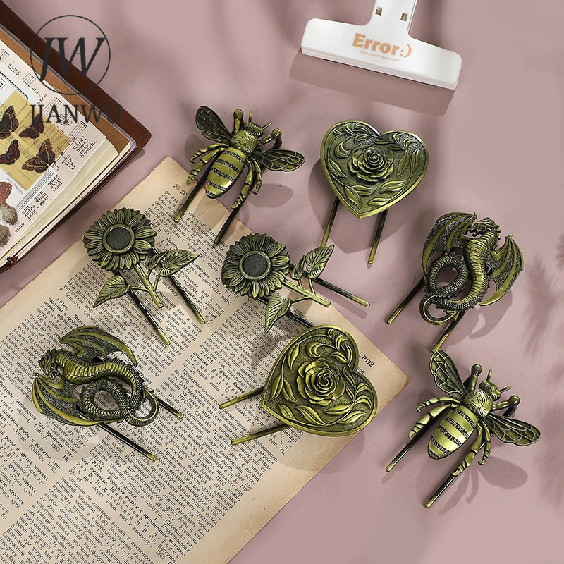 JIANWU Vintage Butterfly Dragon Bee Sunflower Landscape Material Collage Metal Bookmarks Folder Creative Journal Stationery