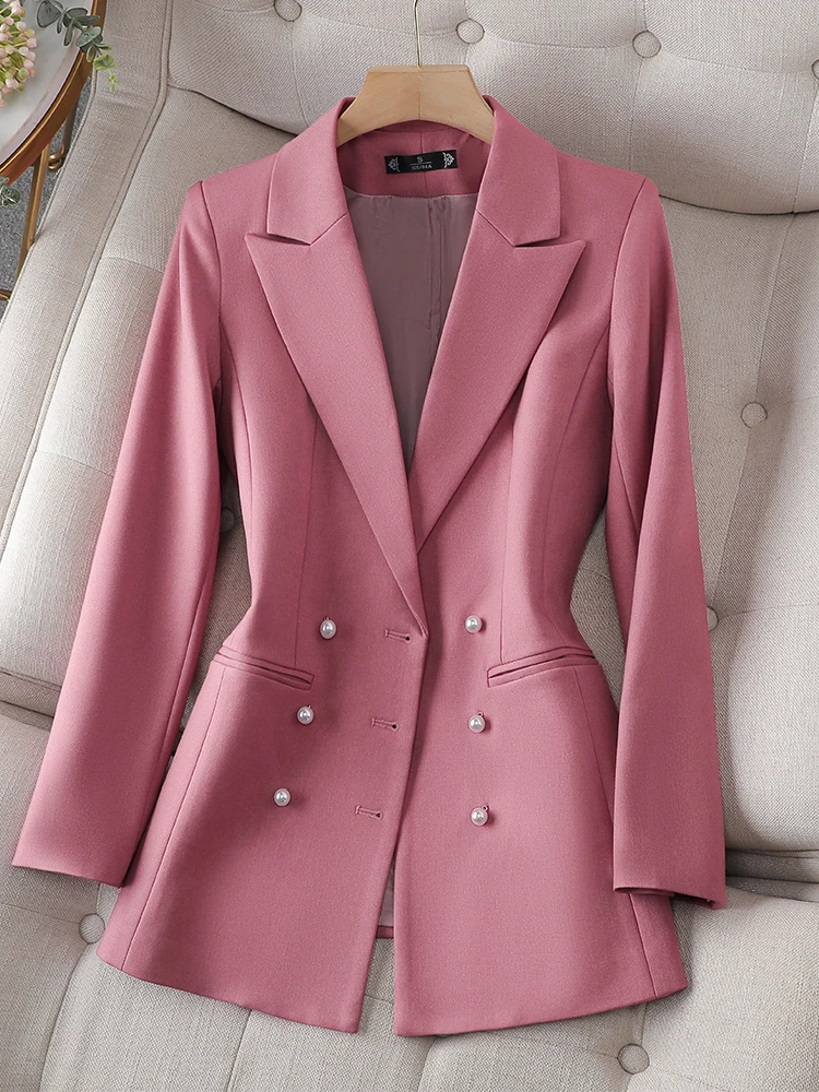 Autumn Winter Long Sleeve Outwear Blazer Women Pink Black Beige Female Triple Breasted Solid Ladies Jacket Coat For Work Wear