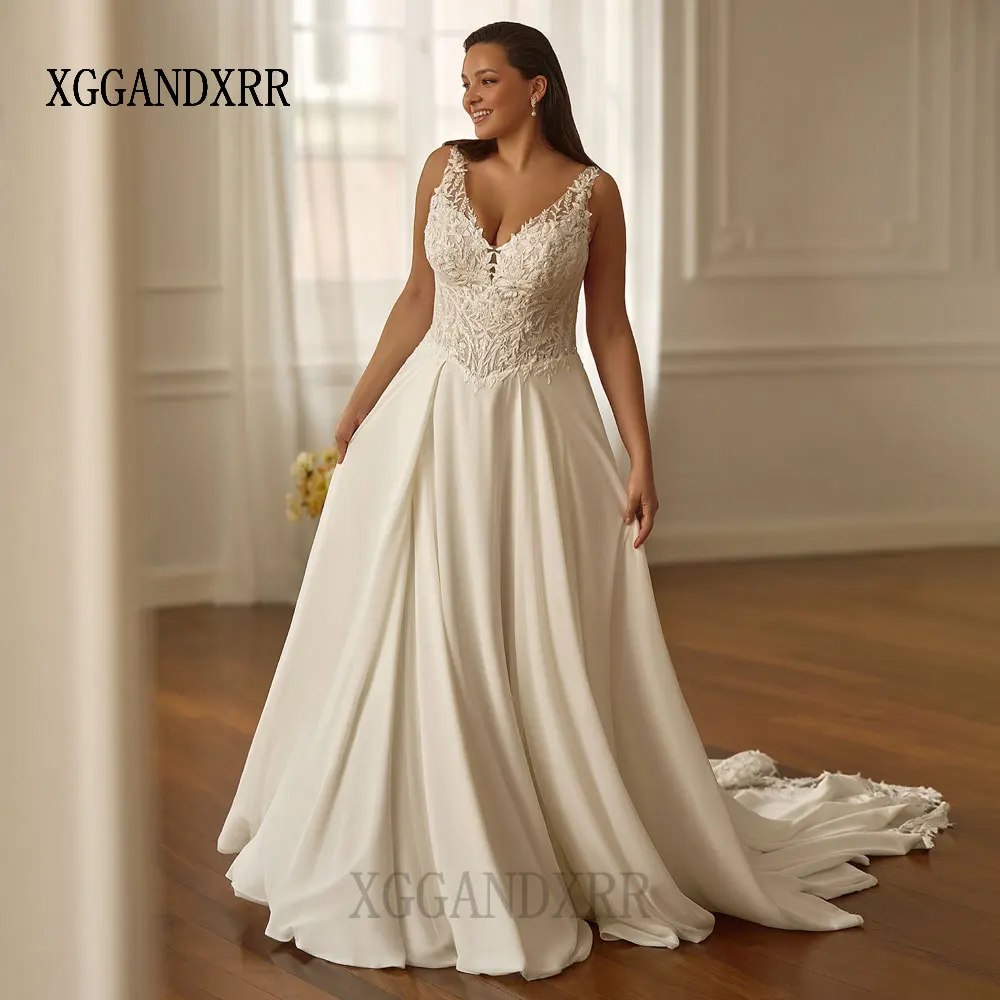New Arrival A Line Wedding Dress 2026 Plus Size V Neck Lace Applique Backless Chapel Train Chiffon Woman Bridal Gown White Ivory