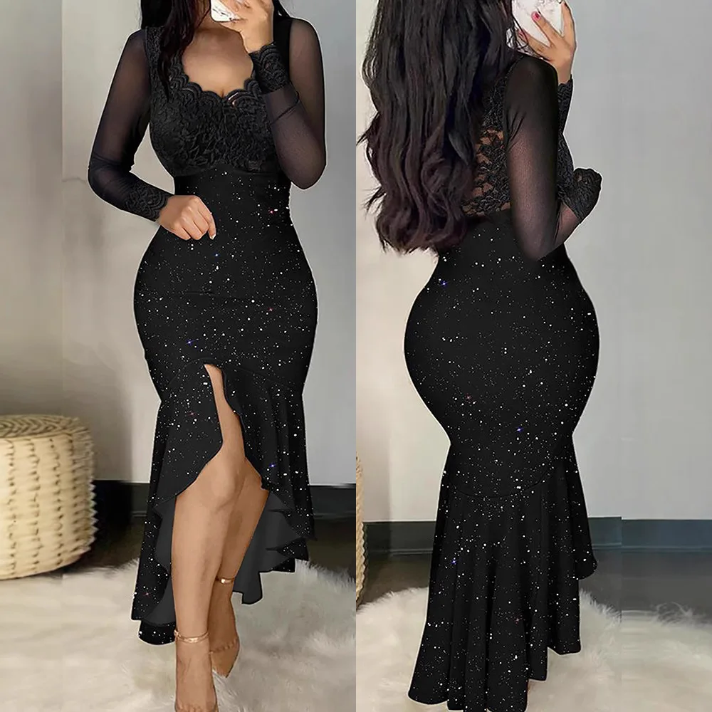 Abito da donna primavera estate lungo scollo a V in pizzo con volant impiombato abito da sera nero a vita alta