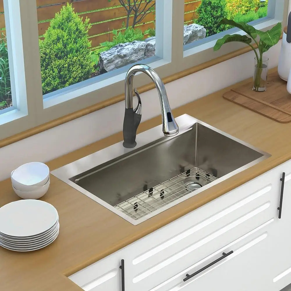 Fregadero de cocina de estación de trabajo empotrado de acero inoxidable de calibre 18 con accesorios de un solo cuenco que incluyen tabla de cortar colador de rejilla