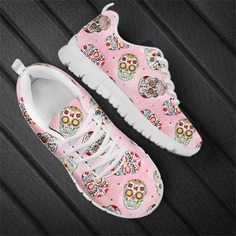 INSTANTARTS New Fashion Casual Lace Up Mesh Sneakers Female Sugar Skull Flat Shoes Breathable Running Sport Footwear for Women