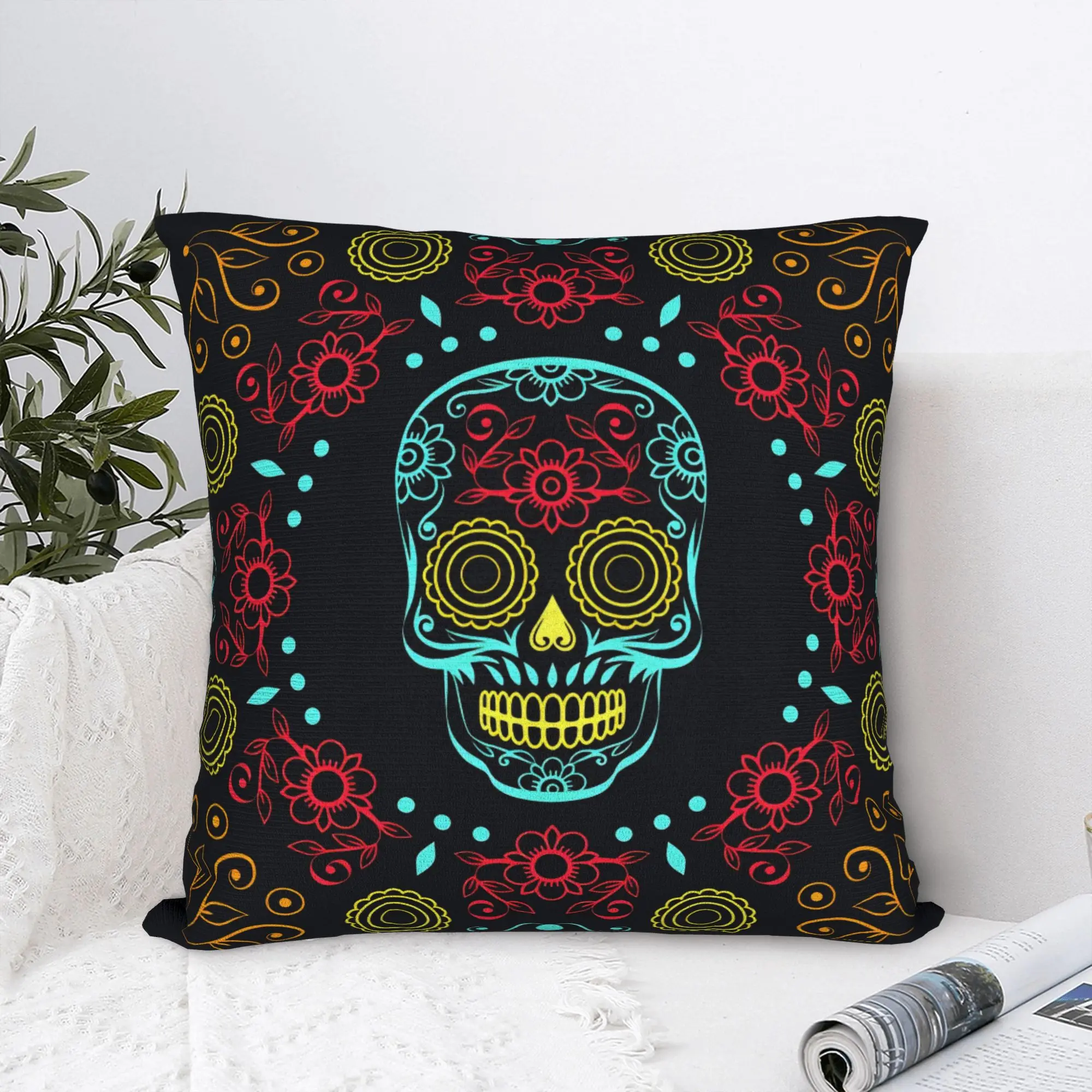 Black Grey Skull Face Día de los Muertos Pillow Case  Soft Pillow Cover For Sofa Home Decoration Retro Trendy Pillowcases