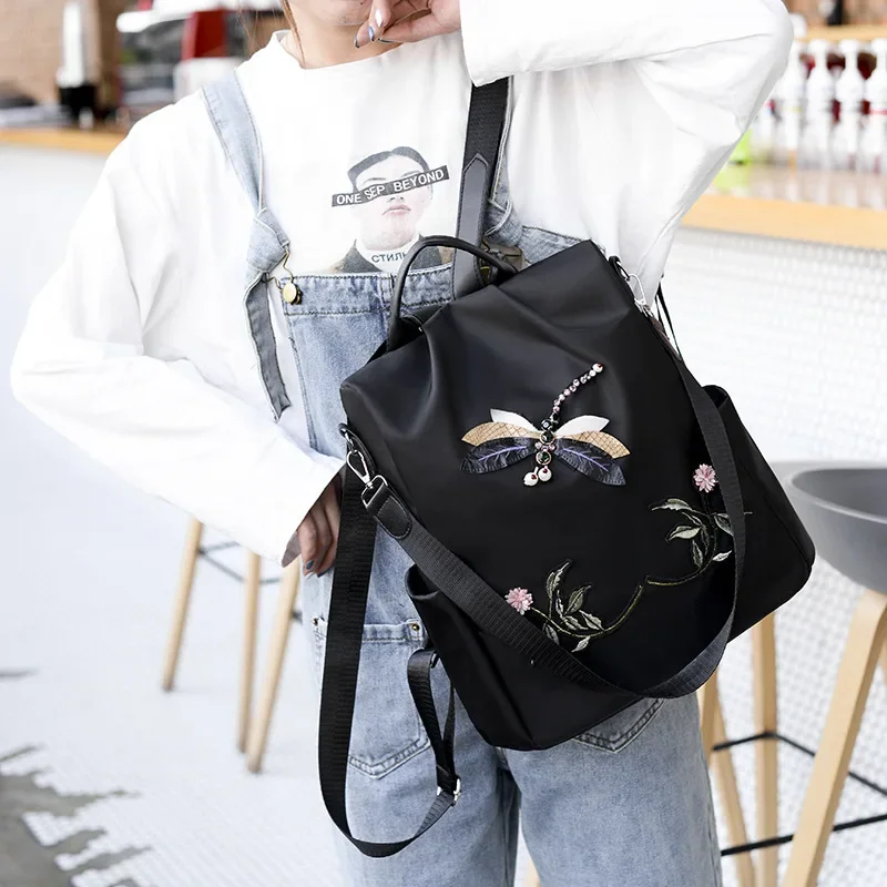 Fashion Embroidery Dragonfly Women Backpack High Quality Waterproof Oxford Shoulders Bag Female Casual Anti-theft Travel Handbag