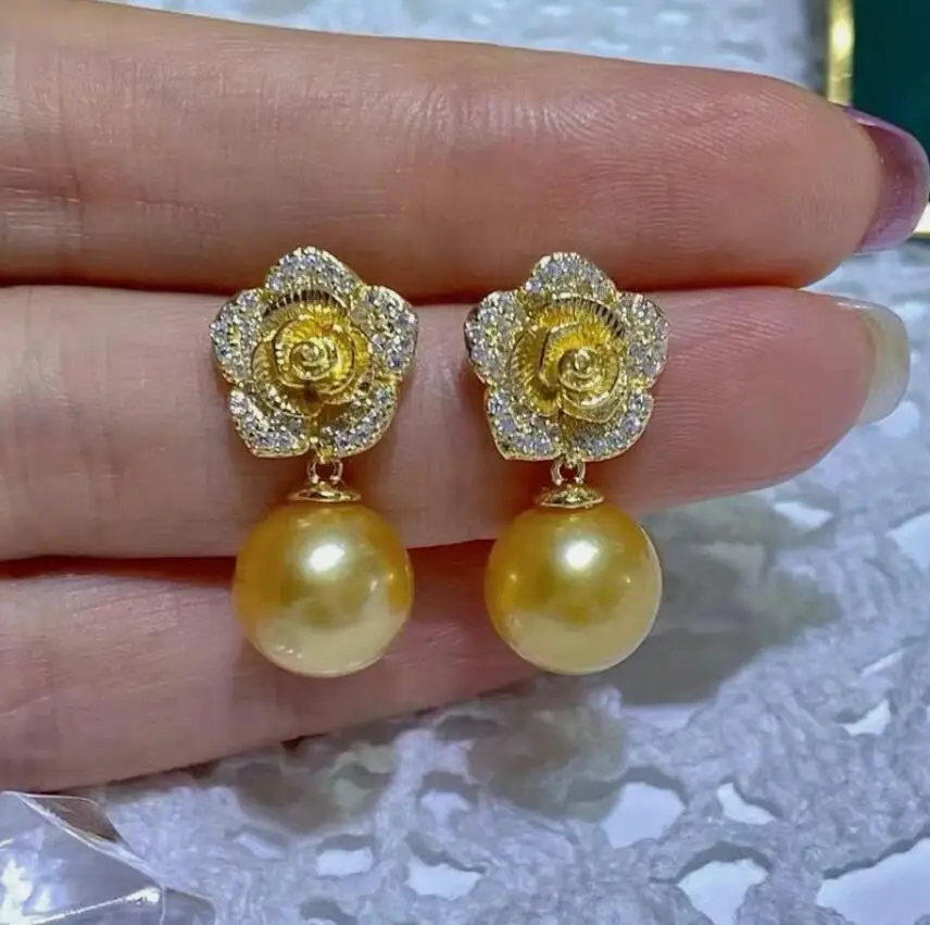 

elegant 9-10mm south sea round gold pearl dangle earring 925s