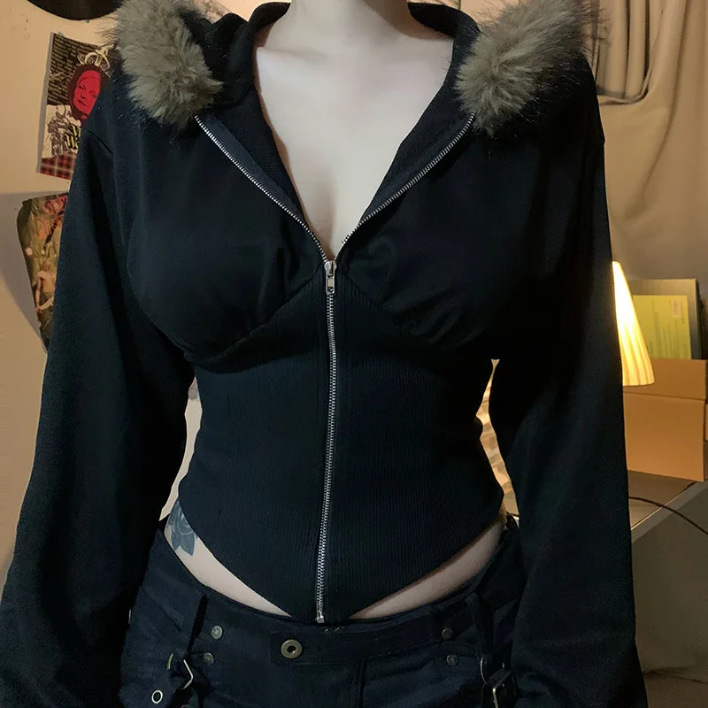Dark Goth Autumn Winter Faux Fur Collar Solid Hooded Coats Women Casual Slim Waist Zip Hoodies Gothic Jackets Chic Streetwear