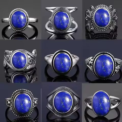 S925 Silver Natural Big Oval Natural Lapis Lazuli Ring for Women Men Gift Vintage Large Ring Wholesale Fine Jewelry