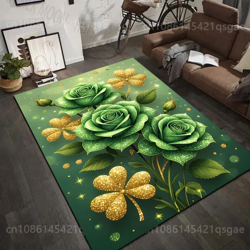 

Ковер с зелеными розами и золотыми клеверами разных размеров для гостиной, спальни, дивана, домашнего декора, нескользящий напольный коврик, роскошный подарок