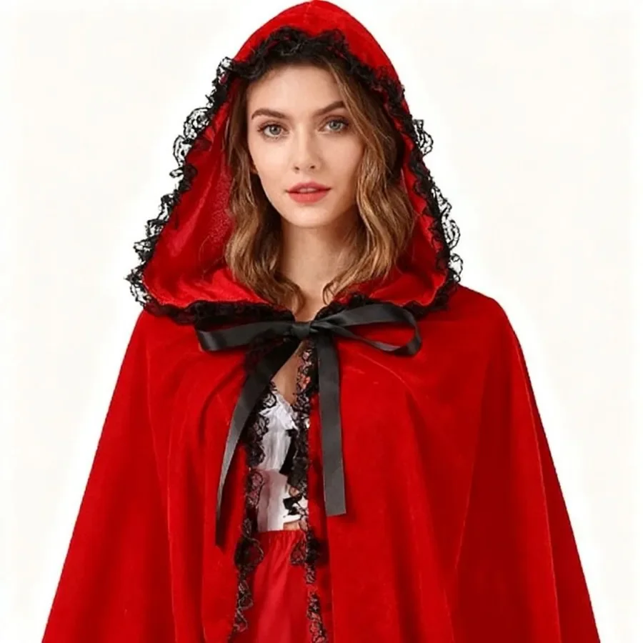 Exquisite Long Shawl Party Role-playing Halloween Costume Red Hoodie Adult Performance Dress with Hood