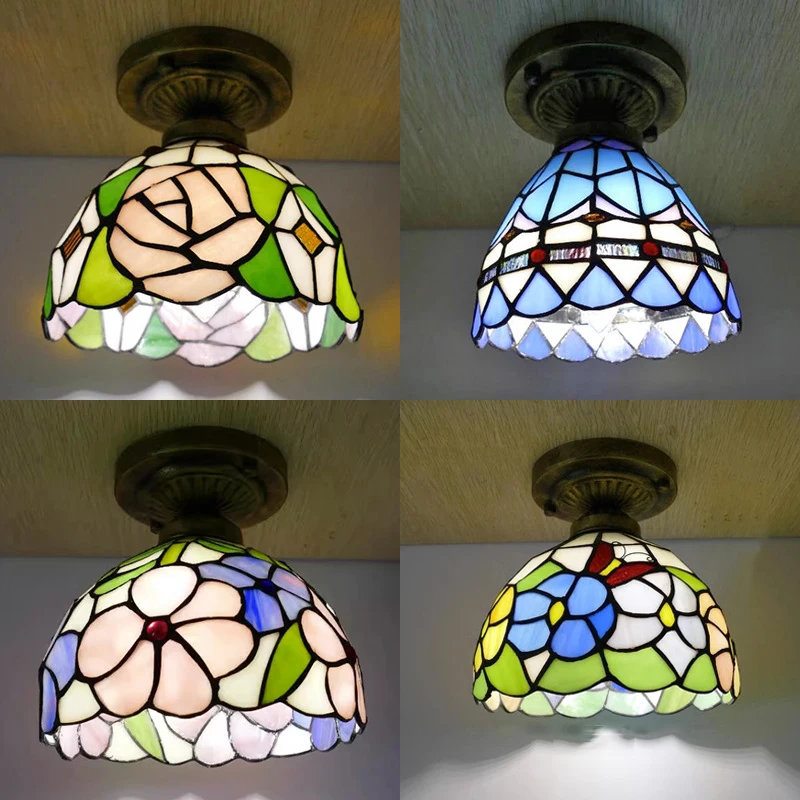 

Tiffany Stained Glass Ceiling Lights Vintage Mediterranean Flower Ceiling Lamp Aisle Corridor LED Balcony Lamp Lighting Fixtures