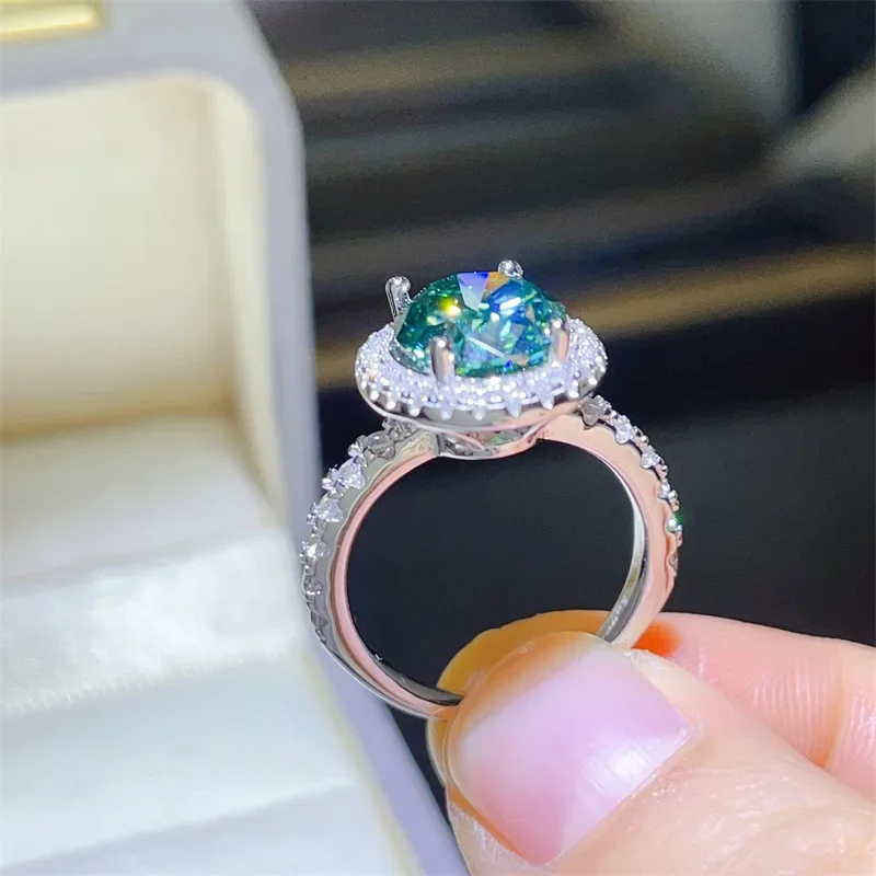 FEOBUR 1/3/5ct Green Oval Moissanite Halo Ring for Women Luxury Jewelry Gift S925 Sterling Silver Lab Diamond Wedding Band