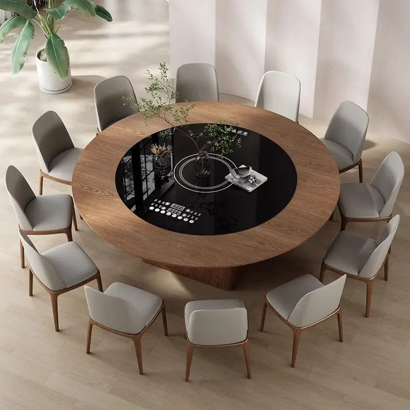 1.8 meters solid wood large round table embedded induction cooker turntable household large apartment simple retro style walnut