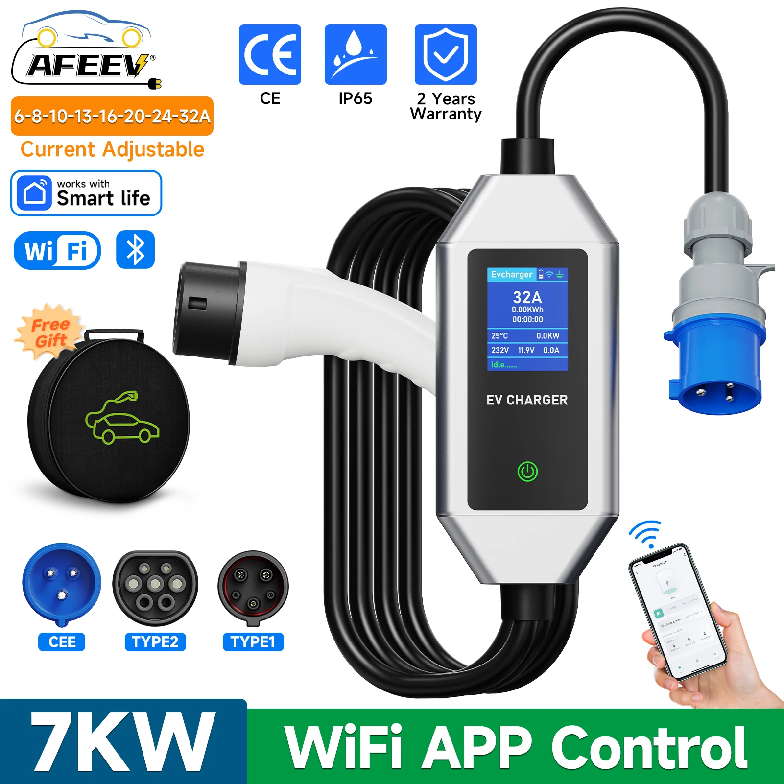 AFEEV 7KW 32A WiFi APP 제어 기능이 있는 1상 휴대용 EV 충전기 Type2/Type1 전기 자동차 Wallbox EVSE 고속 충전 케이블