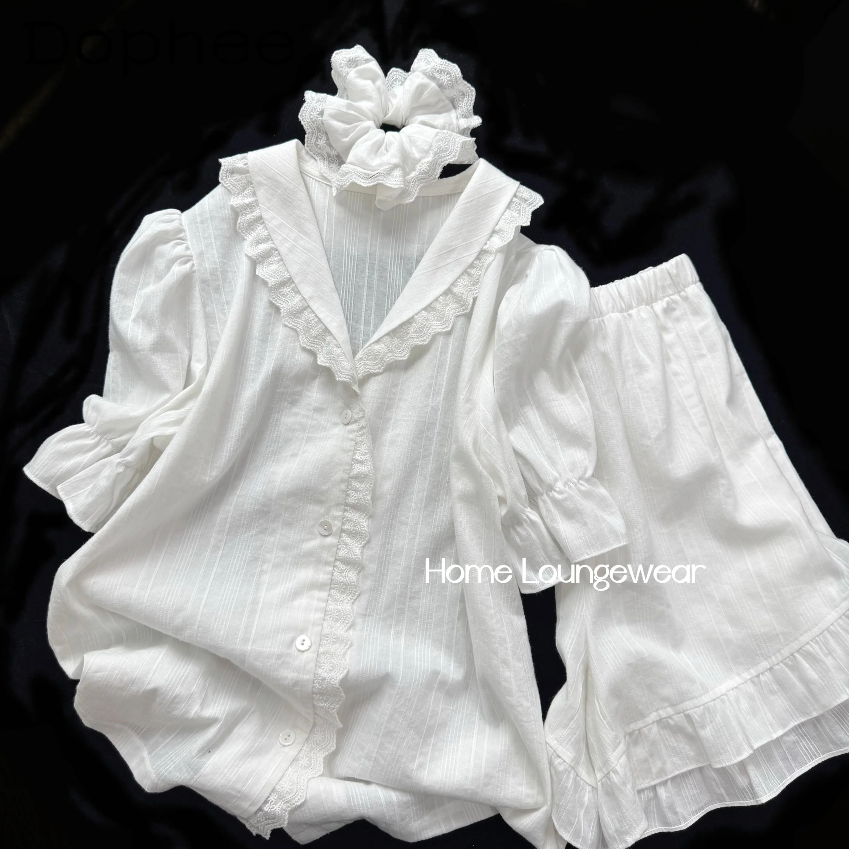 

Pure Cotton French Lace Short-sleeved Pajamas Sweet Girl Lapel Casual Comfortable Soft Loungewear Set