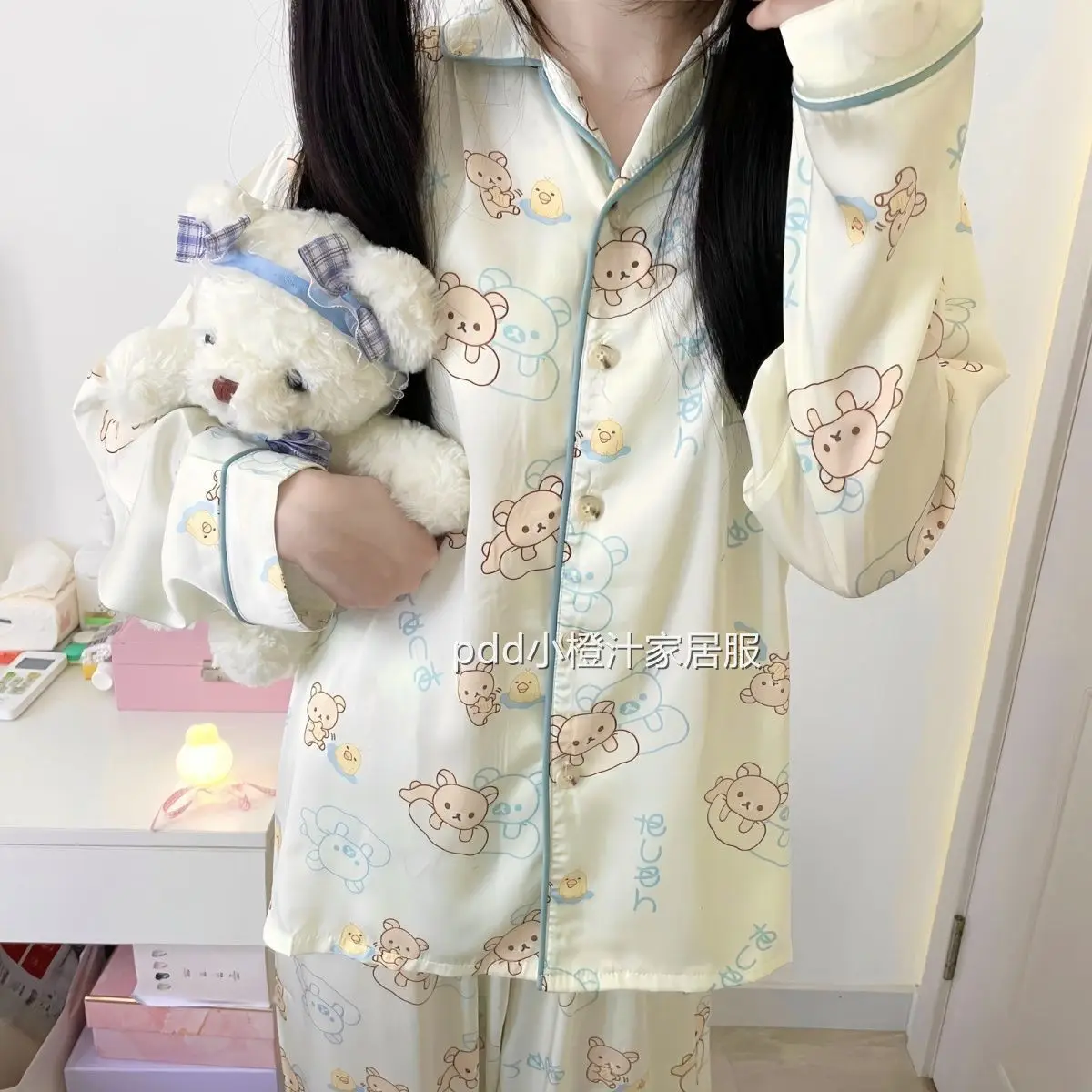 Kawaii Rilakkumas منامة للنساء ربيع الخريف الإنترنت الشهيرة طويلة الأكمام السراويل الطويلة لطيف طالب المنزل مجموعة الفتيات الهدايا اللعب