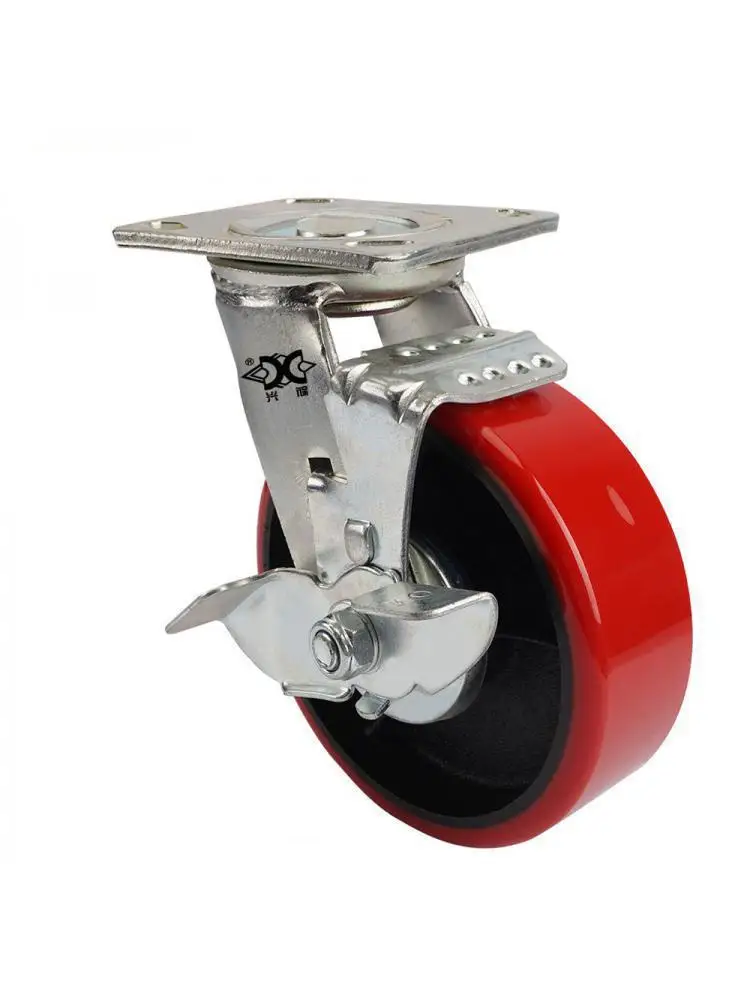 1Pc 6-inch Cast Iron Polyurethane (pu) Double Bearing Brake Heavy-duty Caster/warehousing And Handling Turnover Trolley Wheel