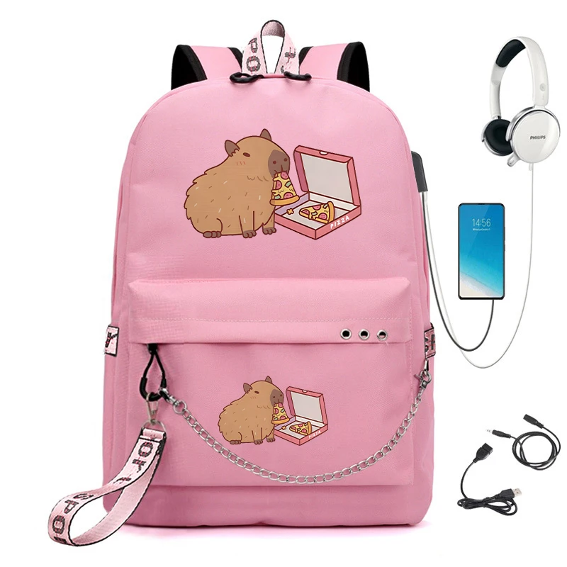 Mochila escolar de dibujos animados de Anime para niños, lindo Capybara, comer Pizza, estudiantes, mochilas escolares Usb, nuevo