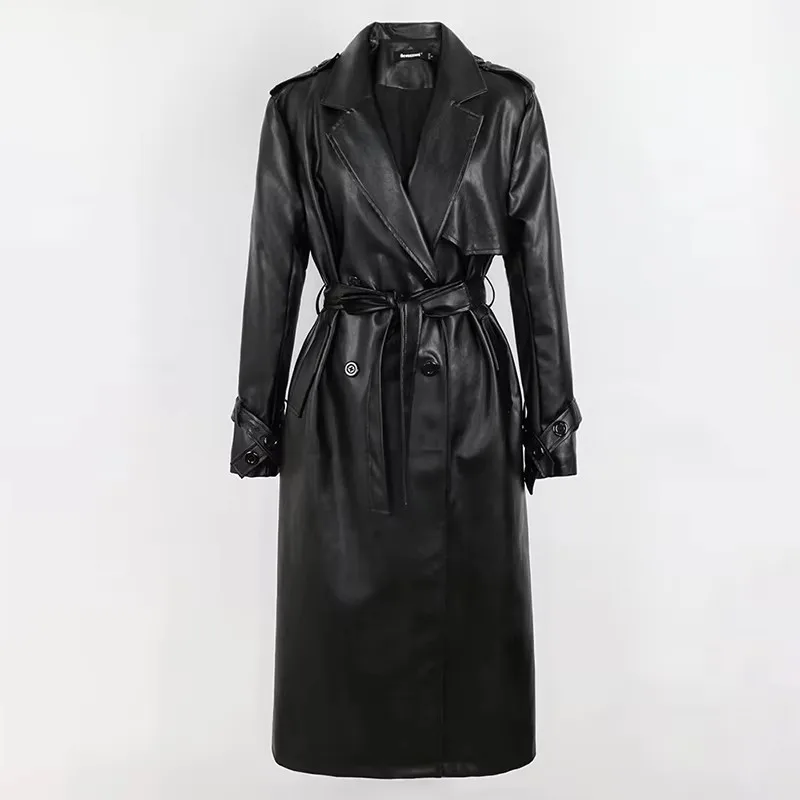 Mauroicardi Spring Long Loose Black Silver Soft Faux Leather Trench Coat for Women Sashes Double Breasted Leather Overcoat 2025