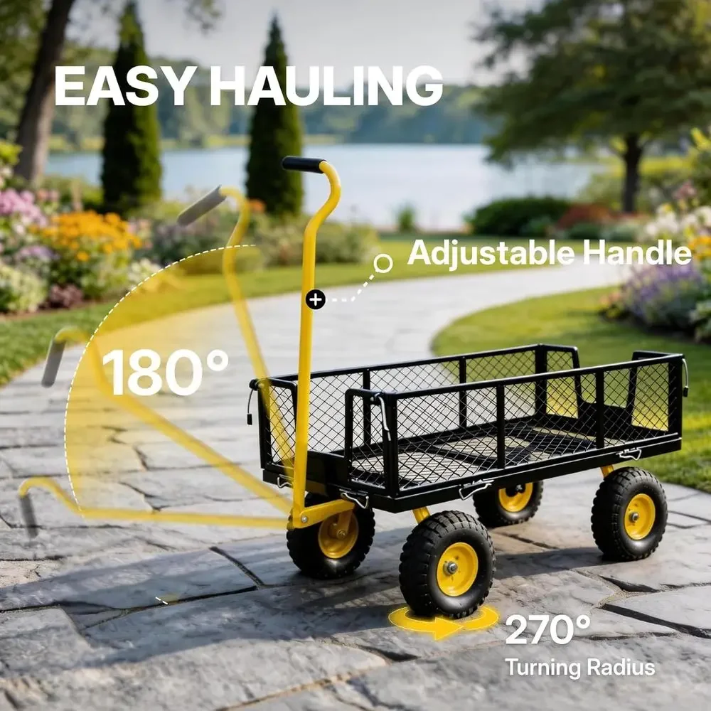 Sturdy 800lb Garden Cart with 180° Swivel Handle, 10 Tires, Detachable Sides for Versatile Yard Hauling