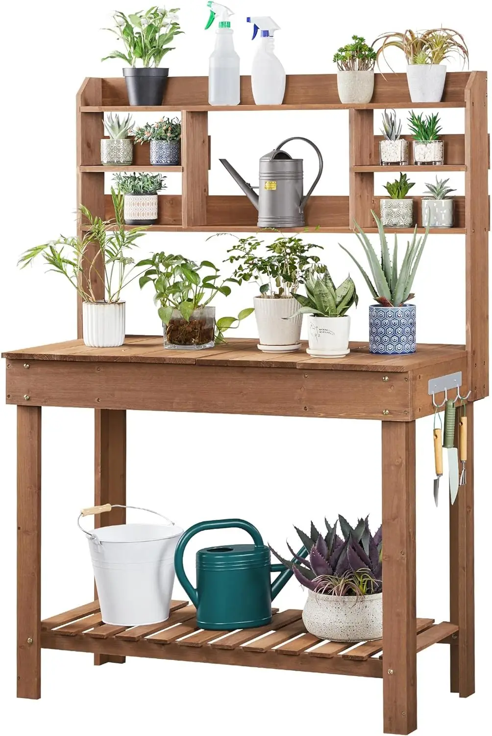 

Potting Bench Table Horticulture Germination Table & Outdoor Garden Work Bench Platform w/Display Rack/Storage Shelf/Hanger