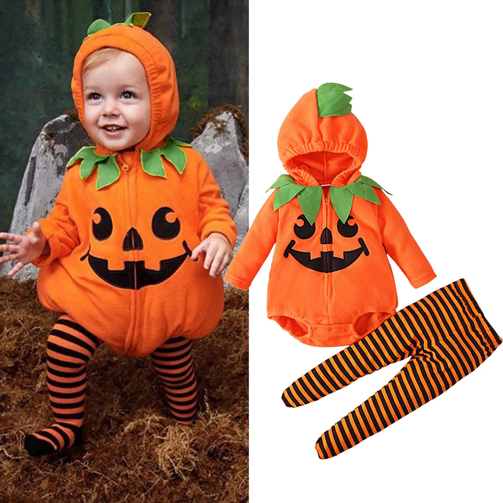 Baby Halloween Outfits Sets Orange Pumpkin Face Fleece Bodysuit and Stripes Leggings 2pcs My First Halloween Kids Hooded Costume