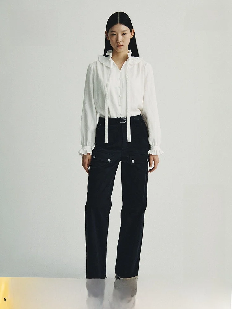 

H&M Summer Women's Shirt Gored Collar Elegant Style Long Sleeve Button Detail Necktie Design Comfortable Fit Lenzing Eco-Viscose