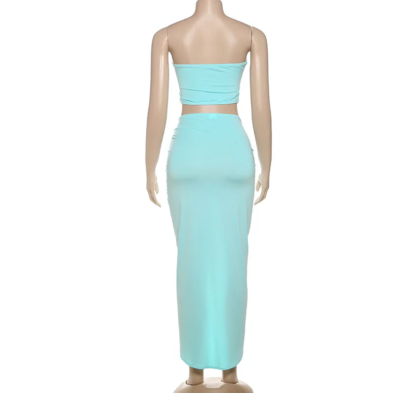 Metal Buckle Ruched Hollow Out 2 Piece Set Women Sexy Strapless Backless Crop Tops + Pleated Irregular Bodycon Maxi Skirts Suits