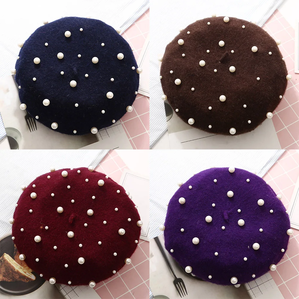 Elegant Wool Pearls Beads Berets For Women Warm Winter Hats Skullies Beanies Vintage Cashmere Female Flat Hats Solid Caps