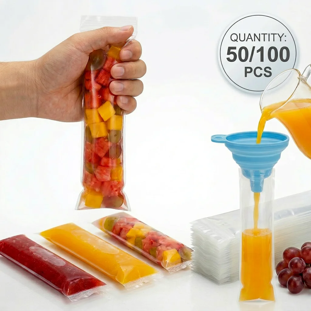50/100 pièces Sachets scellables transparents rectangulaires pour bâtonnets glacés, sacs de moules à glaces DIY pour saveurs personnalisées avec entonnoir pour fêtes