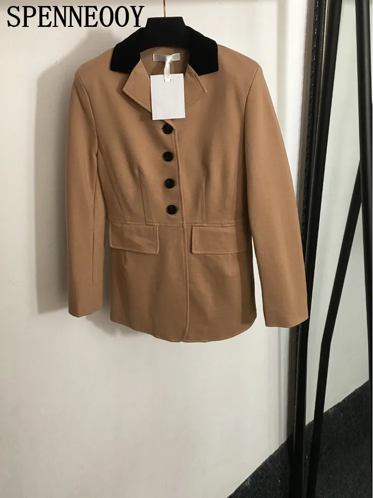 

SPENNEOOY Fashion Runway Autumn Winter Camel Outerwear Women's Turn-down Collar Single Breasted Long Sleeve Pocket Jacket