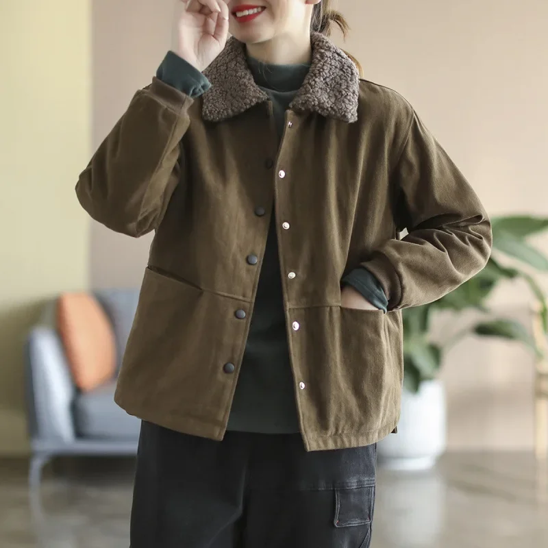 Autumn and winter new retro solid color cotton-padded clothes, piled and thickened warm short cotton-padded jacket